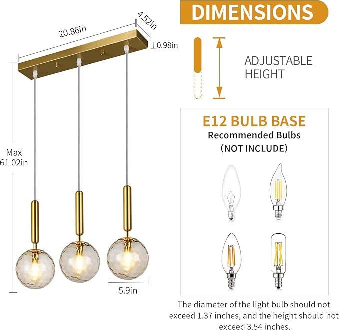 Mid Century Globe Pendant Light with Clear Glass for Kitchen Island Modern Gold Finish Hanging Light Fixture Retro Round Pendant Lighting for Living Room Bedroom Entryway(3-Light)