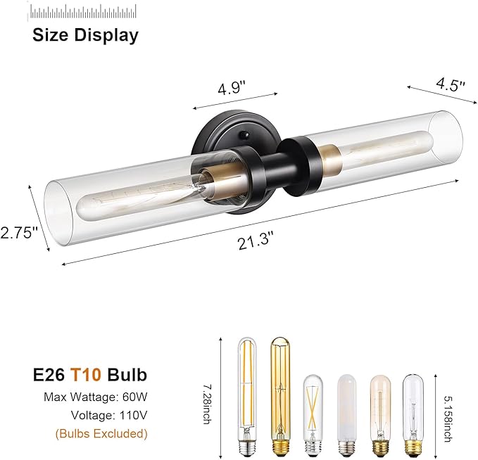 SANTOSTOCK Hardwired Wall Sconces Set of 2, Bathroom Sconces Vanity Light Fixture with Clear Glass, Black and Gold Farmhouse Wall Lights for Bathroom Mirror Living Room Hallway Kitchen