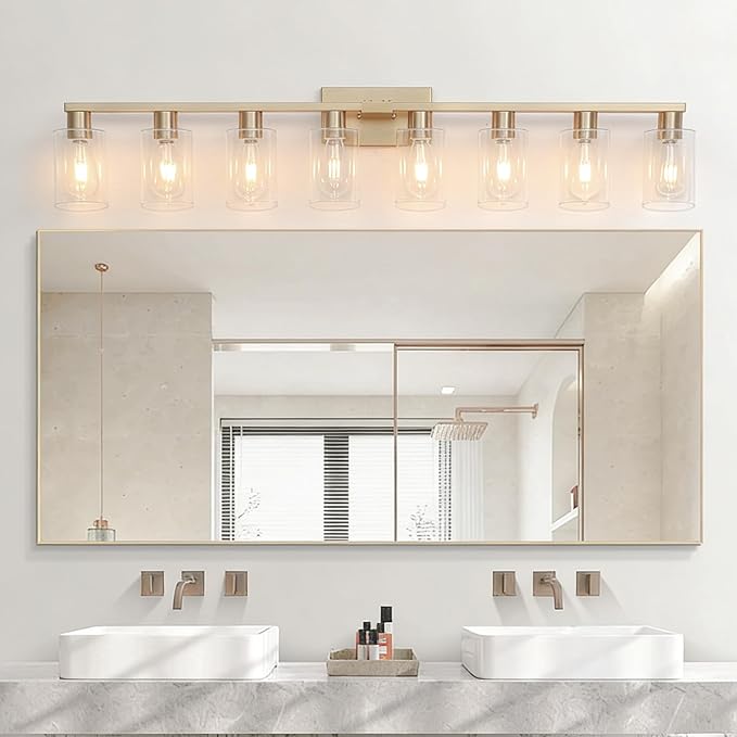 8 Light Bathroom Vanity Light Gold Bathroom Light Fixtures Brass Vanity Lights for Bathrrom 46 in Large Wall Sconce Brush Gold with Clear Glass Shade for Over Mirror