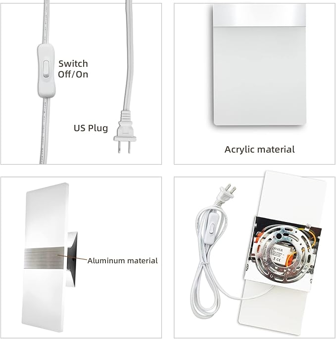 KICAAO Wall Sconces, Modern Wall Sconce Plug in 10W 6000K Cool White Acrylic Wall Lights with 6FT/180cm Plug in Cord and On/Off Switch on The Cord (Warm White 2700K 2Pack)