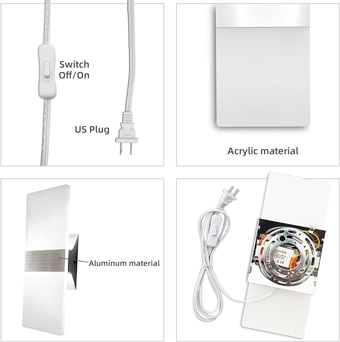 KICAAO Wall Sconces Set of Two, Modern Wall Sconce Plug in 10W 6000K Cool White Acrylic Wall Lights with 6FT/180cm Plug in Cord and On/Off Switch on The Cord