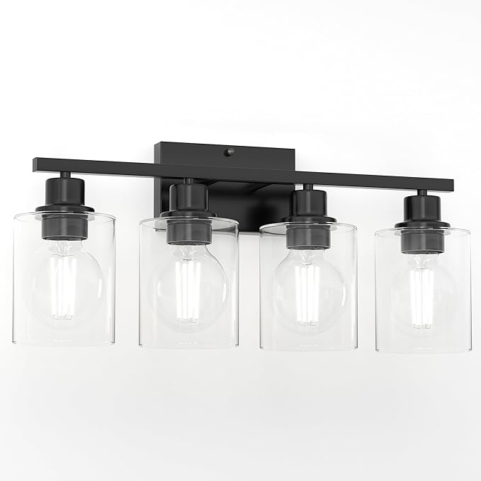 Bathroom Lights Over Mirror, 4-Light Black Vanity Light for Bathroom, 24Inches Anti-Rust Modern Wall Sconce, Standard E26 Base, Clear Glass Shades, Bulbs Not Included