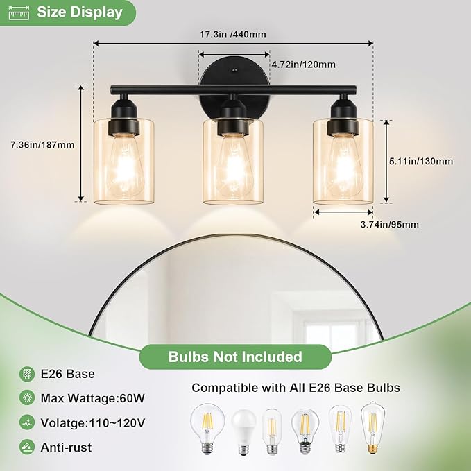3-Light Bathroom Vanity Light Fixture, Modern Wall Lamp for Mirror with Clear Amber Glass Shade and Black Finish