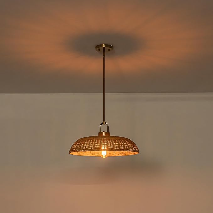 Lingkai 18.1'' Farmhouse Weaving Rattan Chandelier, Coastal Chandelier Hand Woven Rattan Dome Pendant Lighting Fixture Boho Natural Basket Hanging Light for Living Room Kitchen Dining Room