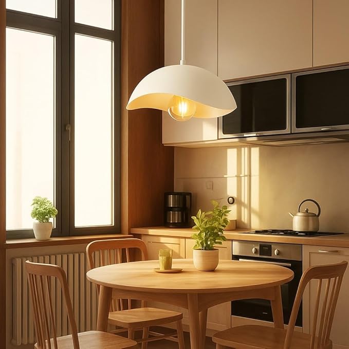 Modern Wave Pendant Light, 11" White and Gold Dome Shade, LED Ceiling Light Fixture with Globe Bulb, Contemporary Hanging Light for Kitchen, Dining Room, Bedroom