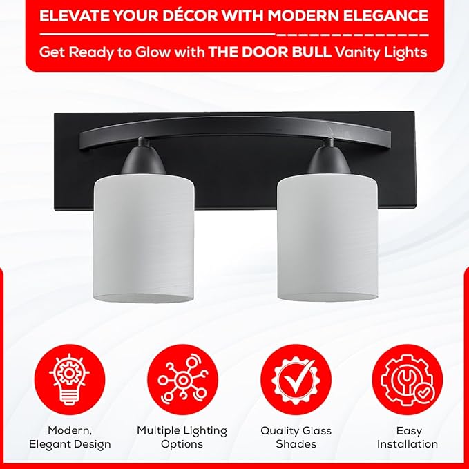 Hollywood Style Modern Wall Mount Lighting, Bathroom Vanity Light Bar, Interior Fixtures with Modern Glass Shade, Lights Over the Mirror (Matte Black, 2-Lights)