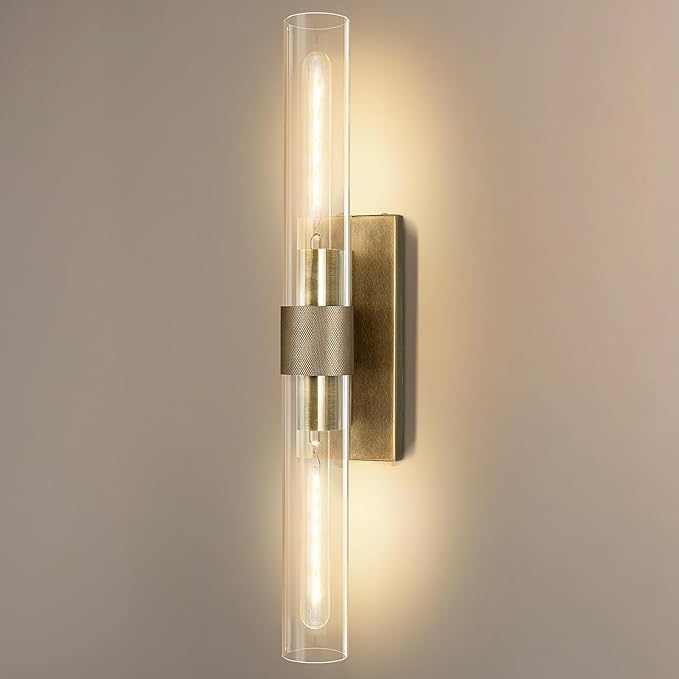 Brass Wall Sconces, Bathroom Wall Sconce, 22.8" Gold Wall Sconces, 2-Light Dimmable Wall Sconce, Sconces Wall Lighting with Glass, Vanity Light Tube Sconce for Bedroom Living Room, Hallway