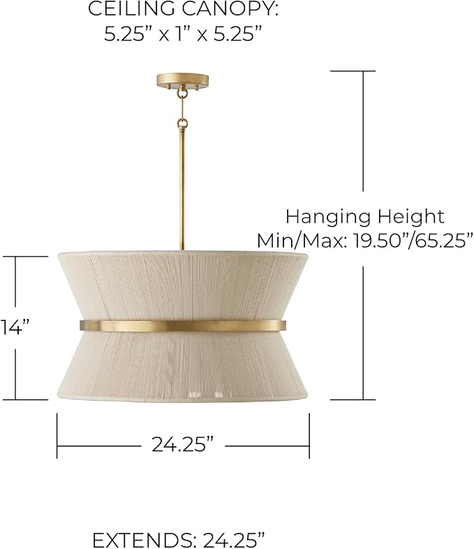 Capital Lighting 341281NP Cecilia Transitional Art Deco Luxe Hand-Wrapped Bleached Natural Rope Tapered Pendant Light Fixture, 8-Light 480 Total Watts, 14" H x 24" W, Patinaed Brass