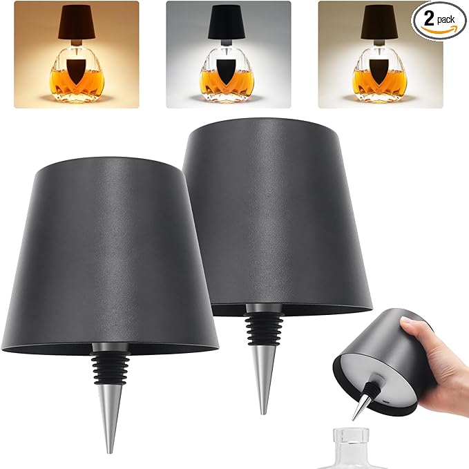 2PCS Wireless Bottle Lamp,Metal Wine Bottle Light with 3 Color Light Dimming, Waterproof Bottle Touch Lamp Head for Room, Bar, Restaurants, Party, Decor & Gifts (Black)