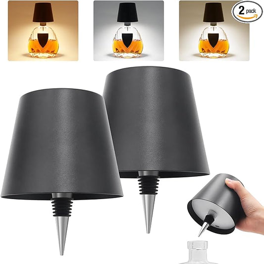 2PCS Wireless Bottle Lamp,Metal Wine Bottle Light with 3 Color Light Dimming, Waterproof Bottle Touch Lamp Head for Room, Bar, Restaurants, Party, Decor & Gifts (Black)
