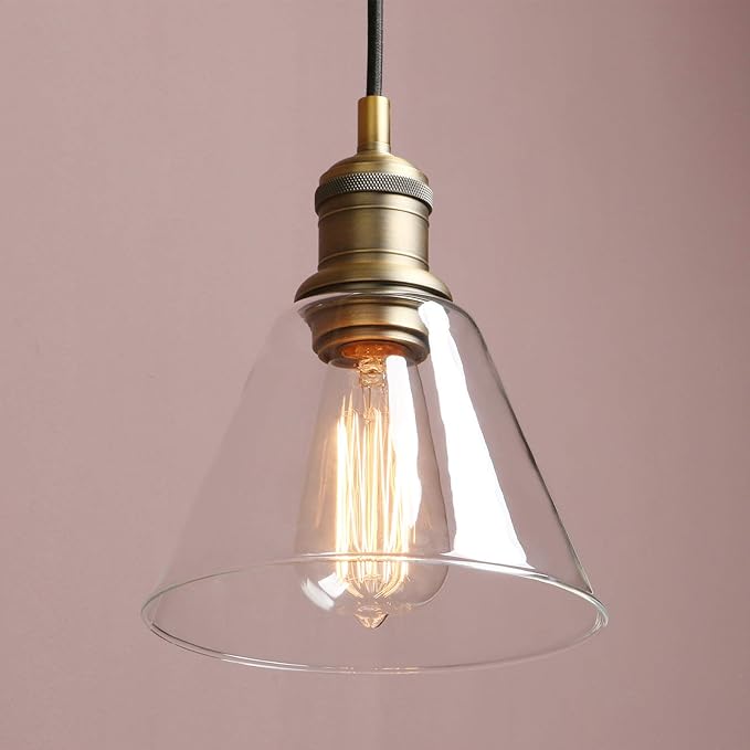 Yosoan 1-Light Vintage Edison Hanging Pendant Light, Mini Funnel Flared Glass Clear Glass Shade for Kitchen Bathroom Porch Living Room Dinning Room Office Restaurants Hotels Bar Island (Antique)