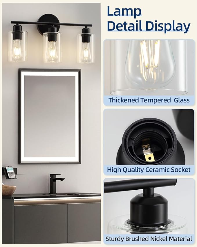 3 Light Bathroom Vanity Light, Black Vanity Lights for Bathroom, Modern Light Fixtures Over Mirror with Clear Glass Shade, Wall Sconce Lighting for Bedroom Living Room Hallway