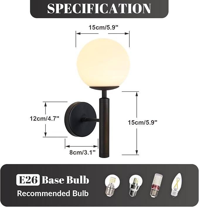 KCO Lighting Black Wall Sconces Set of 2 Modern Globe Wall Sconce Milk Glass Wall Light Farmhouse Mid Century Wall Sconce Bathroom Wall Light Fixture Over Mirror