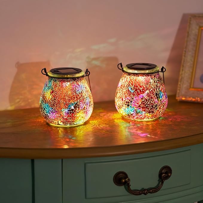 Stargarden 2 Pack Mosaic Solar Lantern ,Outdoor Hanging Waterproof Mosaic Light Solar Table Lamp for Garden ,Patio,Yard Decor (Red)