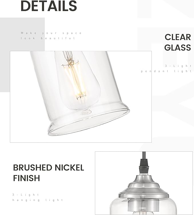 zeyu 3-Light Pendant Lighting, Adjustable Modern Cluster Pendant Light for Kitchen Island, Brushed Nickel Finish with Clear Glass Shade, ZSL104-3 BN