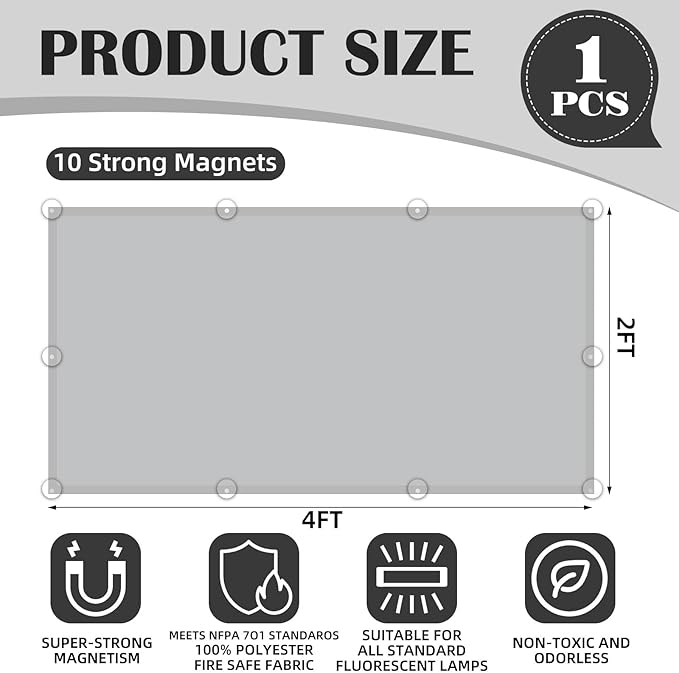 Fluorescent Light Covers - Classroom Covers for Ceiling Lights, 1 PCS 4 x 2 Feet Magnetic Light Filters, Classroom, Office Decor (Light Gray)