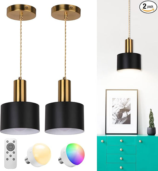 Battery Operated Pendant Light Set of 2, Black with Gold Battery Chandelier with 5200mah Rechargeable Remote Light Bulb, Hanging Island Light for Kitchen Bedroom Dinning Room