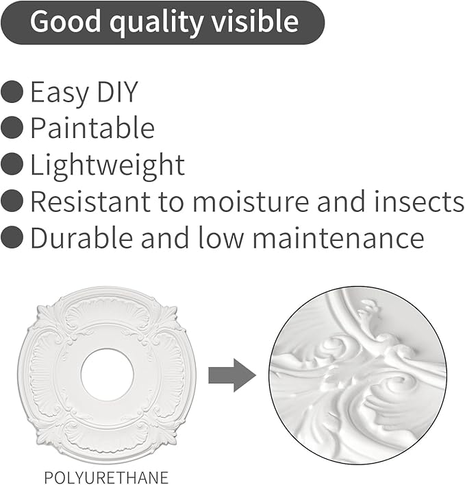 EIFHYT 2 Pack White Home Lighting Ceiling Medallions Molded Plastic, 13" OD x 3-1/2"ID x 3/4" P