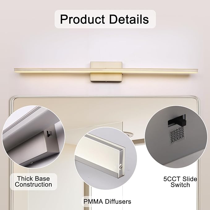39.4 inch Brushed Nickel Bathroom Vanity Light Bar 5CCT Dimmable Bathroom Light Fixtures Over Mirror Modern LED Vanity Lighting Bath Light
