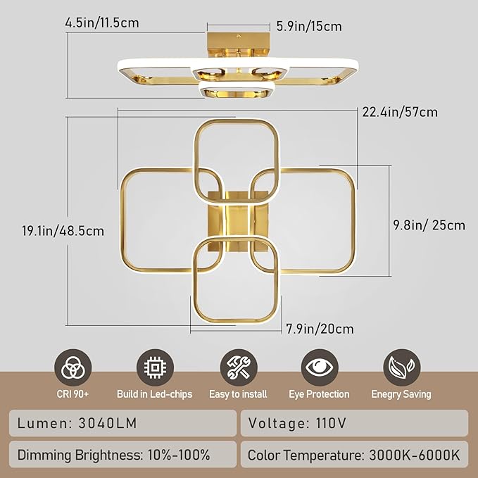 Dimmable Modern Ceiling Lights, 4-Square Flush Mount Ceiling Lighting with Remote Control, 3000K-6000K Gold LED Ceiling Light Fixtures for Bedroom, Dining Room,Kitchen