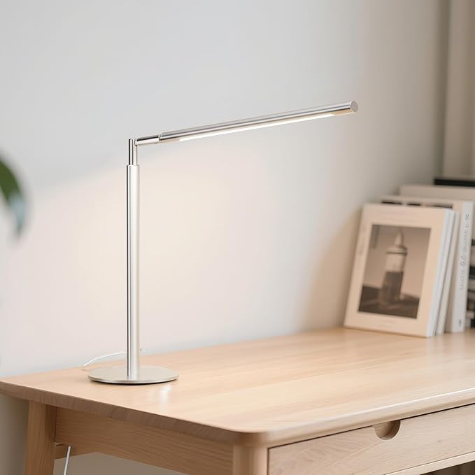 SIBRILLE Silver LED Desk Lamp, 16" Dimmable Metal Desk Light with Base, 15W 1200LM, Adapter Included, Color & Brightness Adjustable, Modern Tall Table Lamp for Home Office Reading Study Task Laptop