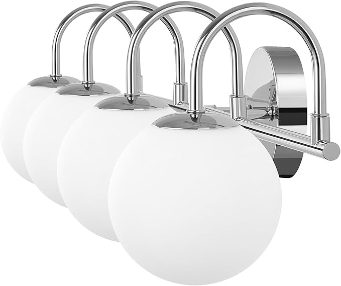 Chrome Mid Century Modern 4-Light Bathroom Light Fixtures Over Mirror, Vanity Wall Sconces With Globe Frosted Milk Glass