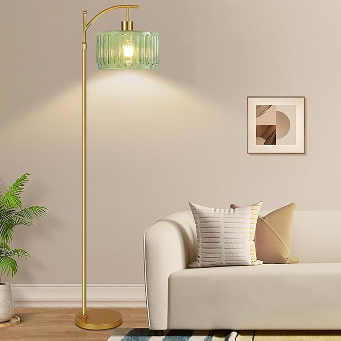 QIYIZM Floor Lamp for Living Room,Bedroom,Gold Dimmable Standing Lamp with Remote,Mid Century Modern Brass Tall Lamp Retro Vintage Glass Lamp Floor Light Boho Bohemian