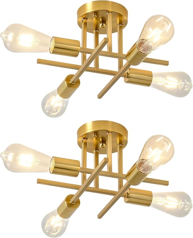 EGM 4-Light Bedroom Light Fixture, Gold Sputnik Ceiling Light Fixture with E26 Bulb Base, Modern Semi Flush Mount Ceiling Lamp for Dining Room Foyer Kitchen Living Room (2 Pack)