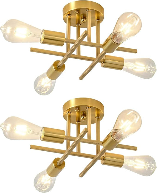 EGM 4-Light Bedroom Light Fixture, Gold Sputnik Ceiling Light Fixture with E26 Bulb Base, Modern Semi Flush Mount Ceiling Lamp for Dining Room Foyer Kitchen Living Room (2 Pack)