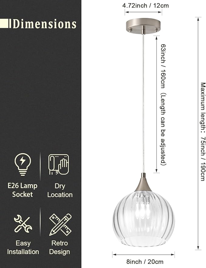 Brushed Nickel Pendant Lights Kitchen Island, Globe Pendant Light Fixtures with 8 Inch Clear Glass Shade, Modern Hanging Light Fixtures for Kitchen, Bedroom (1 Pack - Clear Glass Pendant Light)