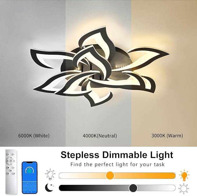 Modern Ceiling Light with APP & Remote Control, Dimmable LED Flush Mount Chandelier with 3-Color Temperatures, Black Acrylic Flower Ceiling Light Fixture for Living Room Dining Room Bedroom Kitchen