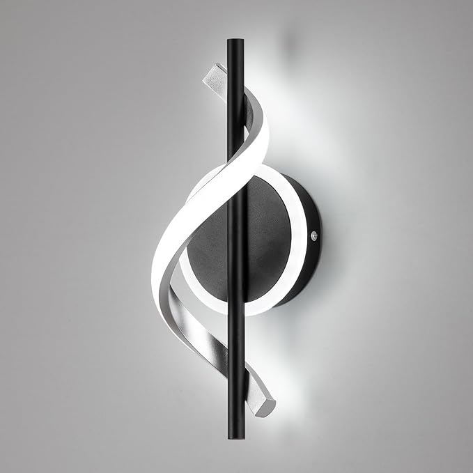 EIDISUNY LED Wall Sconces Indoor, 12W LED Wall Mount Lights, Modern Spiral Wall Lamp, 6000K Cold Light Fixture for Stairs, Living Room, Bedroom, Aisle, Hallway (Cold White, Black)