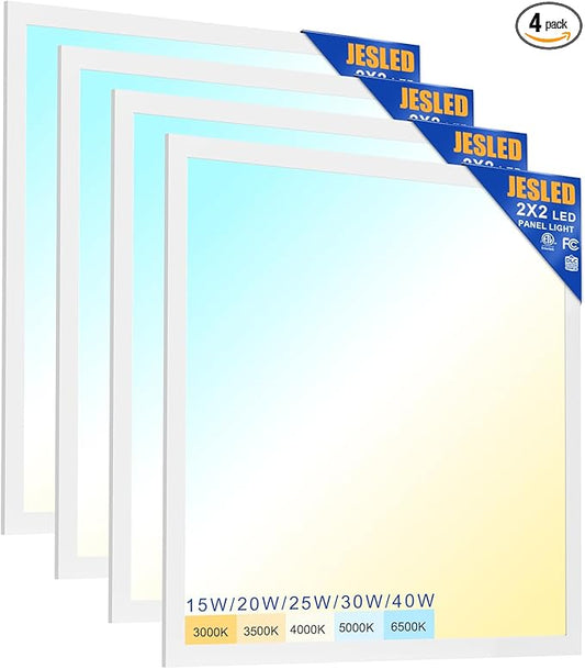 JESLED 4Pack 2x2 led Flat Panel Light, 10800LM, Drop Ceiling Lights Fixture for Office Kitchen Basement Laundry, 30W/40W/50W/60W/72W Selectable, 5CCT Switchable, 0-10V Dimmable, DLC ETL Listed