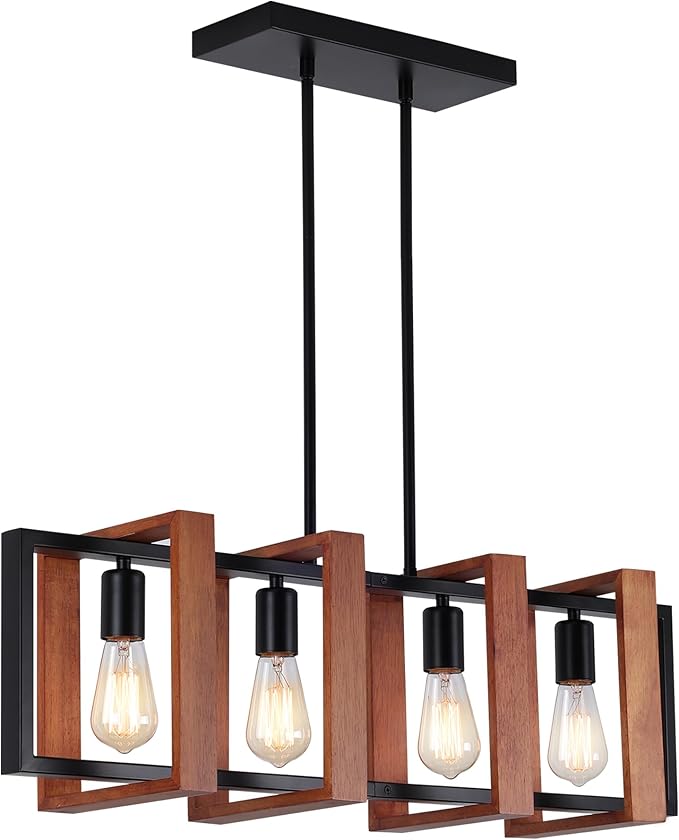 32" Farmhouse Kitchen Island Lighting Adjustable Dining Room Light Fixtures, 4-Light Rustic Wood and Black Metal Rectangular Chandelier Modern Pendant Lighting for Kitchen Island, Cafe