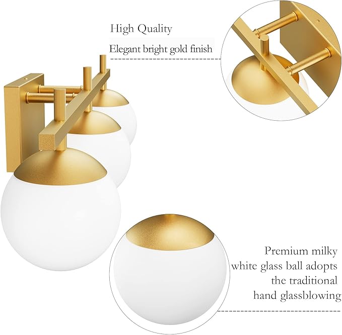 Ralbay Mid Century Modern Gold Bathroom Light Fixtures Gold Milky Glass Modern Bathroom Vanity Lights Over Mirror, Gold 3-Light (Exclude Bulb)