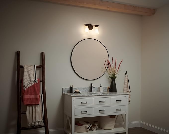 Kichler Stamos 2-Light Bathroom Vanity Light with Satch Etched Glass Shades, 13" Modern Wall Light in Olde Bronze®, (13" x 8" x 5")