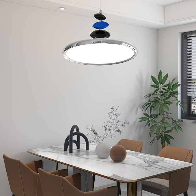 Mikeru Modern Pendant Lights, 15.8" Chrome Pendant Lighting Fixture with Remote Control Dimmable 3 Color Mode & Brightness Mid Century Island Light Fixture for Dining Room,Kitchen,Living Room