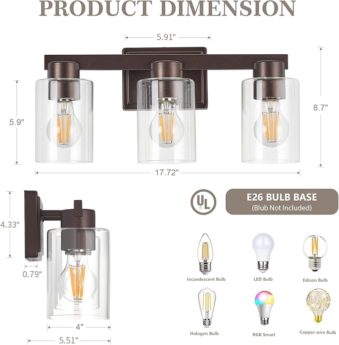 3-Light Bathroom Light Fixtures Modern Vanity Lights with Clear Glass Shade Oil Rubbed Bronze Wall Sconces Over Mirror for Bathroom,Powder Room, Living Room