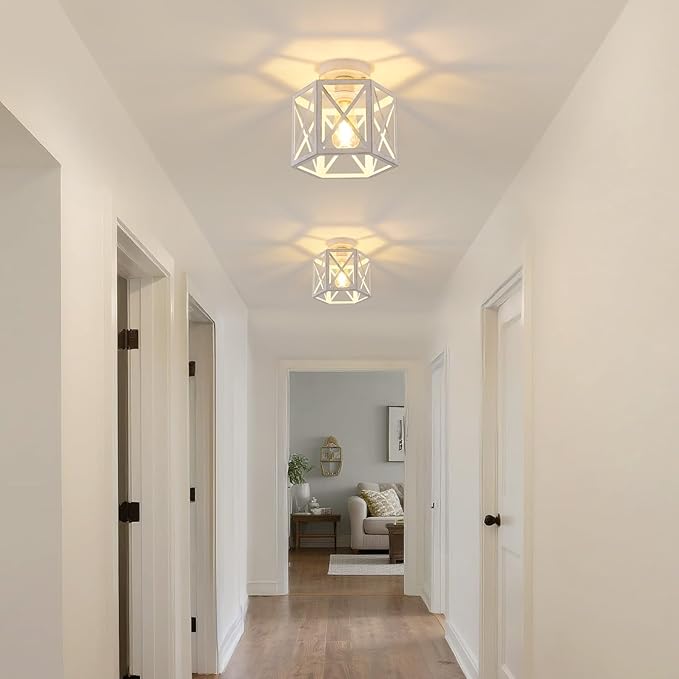 XSDeTu 2 Pack White Semi Flush Mount Ceiling Light, Modern Hallway Light Fixture, Vintage Metal Hexagonal Ceiling Lamp for Kitchen Entryway Porch
