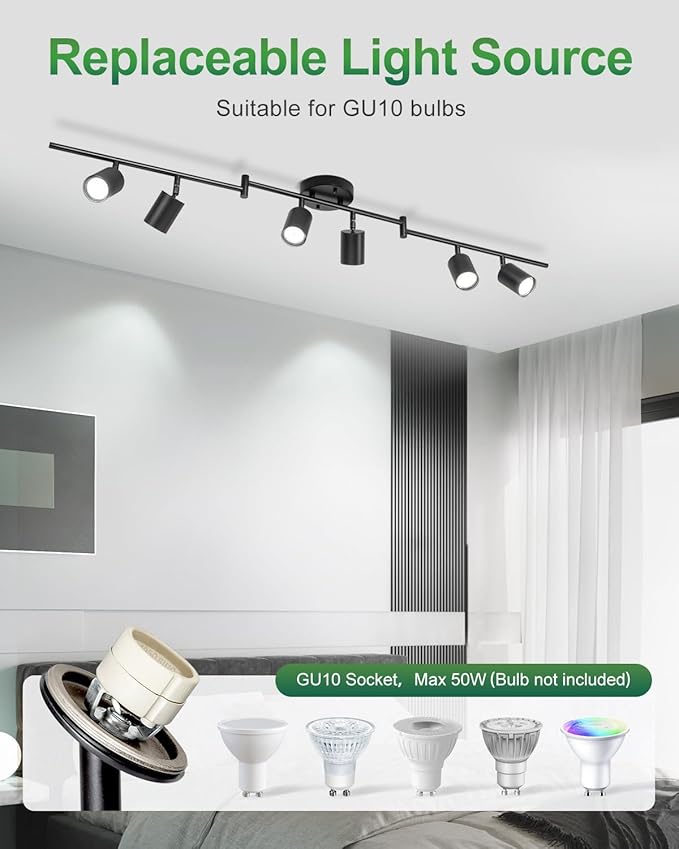 6 Ways Track Lighting, Rotatable Heads Tracks Light, Track Lightings Fixtures Ceiling with Foldable Arms, Modern Black Tracks Light for Kitchen, Living Room, Hallway(Bulbs Not Included)