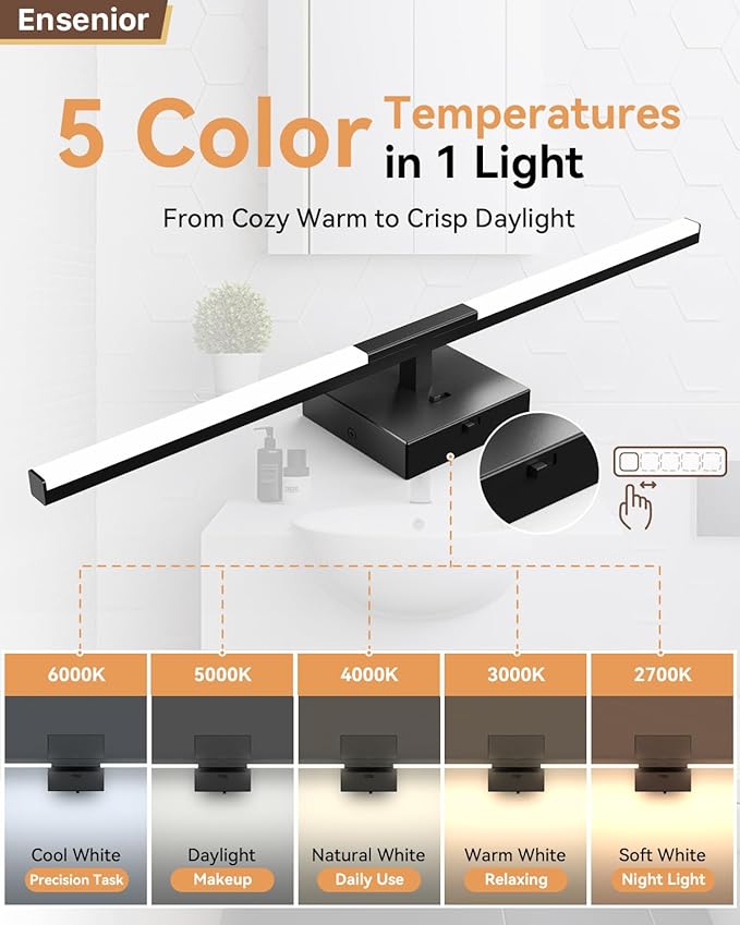 Ensenior Modern Bathroom Vanity Light 24 inch, Built-in Dimmer, 14W Dimmable 5CCT Led Bath Lights, Black Bar Vanity Light for Bathroom Mirror Cabinets Bedroom-FCC & ETL Certificated
