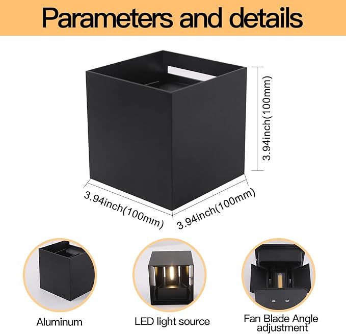 Mille Lucciole 4 Pack Outdoor Wall Lights Exterior/Interior LED Wall Sconces IP65 Waterproof Square Aluminum Wall Lamps Outdoor Lighting Fixture Up and Down Lights Modern Black 12W 6500K Cold Lights