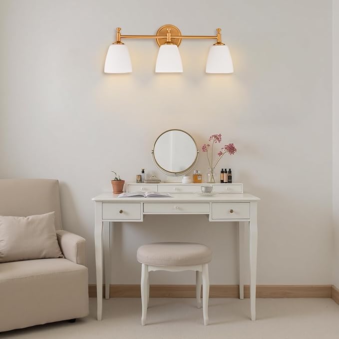 Vintage Bathroom Vanity Light Fixture, 3-Light Bathroom Lighting Fixtures Over Mirror, Antique Brass Finish with Frosted Milk Glass Shade, Wall Sconces Lighting for Bedroom, Living Room, Hallway, Sink