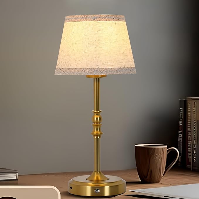 Small Gold Rechargeable Table Lamp,12-14 Inch Tall Vintage Style,Battery Powered Cordless Desk Lamp,Mini Touch Control Bedside Lamp,Warm Light 3000K for Nightstand Bedroom Counter Living Room-1 Pack