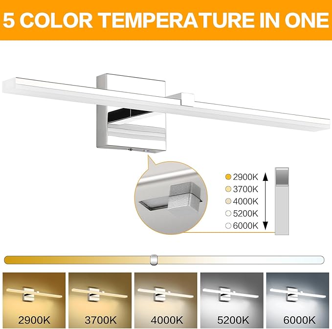 ZUZITO Modern Bathroom Vanity Light Over Mirror 24in Chrome Vanity Lights for Bath 5CCT Dimmable 18W LED Bathroom Wall Lights Bar