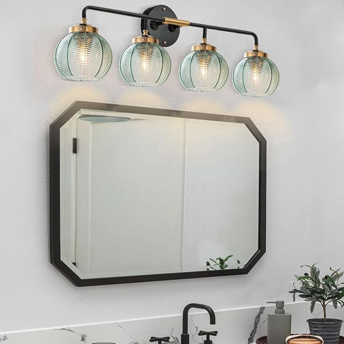 2-Pack Glass Wall 4-Lights Bathroom Vanity Light fixtures Green Glass Globe Shade Mid Century Modern Light Fixture Black Large Wall Sconce for Over Mirror Bath Living Room Cabinet