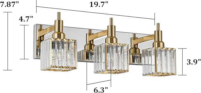 Crystal Bathroom Vanity Light Gold Chrome 3-Light Modern Bathroom Lighting Fixtures Over Mirror Square Wall Sconce