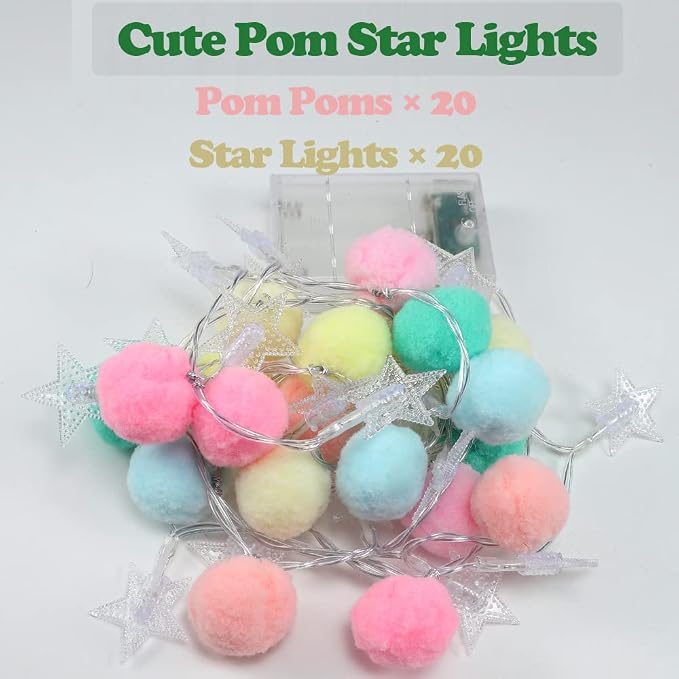 ChiRee Indoor String Lights 6.56 Feet Pom Poms Star Lights 20 LED Battery Operated String Fairy Lights Warm White Star Lights Colorful Decor Lights for Home Bedroom Kids Playhouse Holiday Christmas
