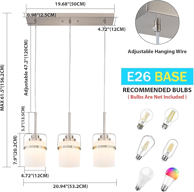 Nickel 3-Light Pendant Lighting, Adjustable Hanging Light Fixture with Milk Glass Shade, Modern Pendant Light for Kitchen Island Dining Room Bar Over Sink/Table/Counter