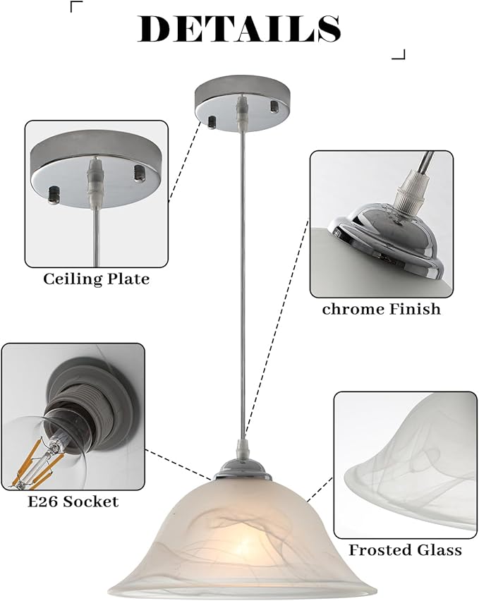 Chrome Pendant Lights Kitchen Island, 11.8 Inch Vintage Alabaster Glass Pendant Lights, White Farmhouse Pendant Light 2 Pack, Glass Pendant Light for Dinning Room, Living Room，Bedroom